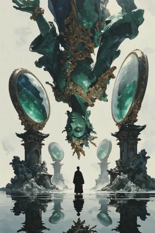 Colossal Jade Deity Floats Upside-down Above An Impossible P... — Stable Diffusion AI Prompt: colossal jade deity floats upside-down above an impossible palace, surrounded by...