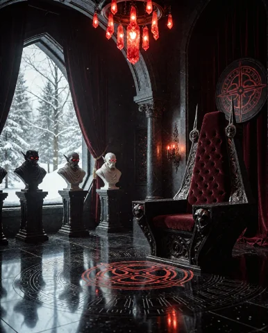 Sith Throne Room, Darkened Space With A Gothic Throne Carved... — Stable Diffusion AI Prompt: Sith Throne Room, Darkened space with a gothic throne carved from black stone, h...