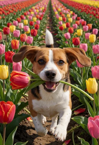 Loratulipmania1,jaynl-tm,made Of Tulips, A Mischievous Beagl... — Stable Diffusion AI Prompt: ,jaynl-tm,made of tulips, A mischievous beagle in the immediate foreground,runni...