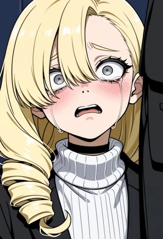 Female Androgynous, Blonde Hair, Long Hair, Drill Hair, Asym... — Stable Diffusion AI Prompt: female androgynous, blonde hair, long hair, drill hair, asymmetrical bangs, grey...