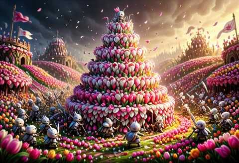 Made Of Tulips, Giant Wedding Cake Fortress Made Of White An... — SDXL AI Prompt: made of tulips, giant wedding cake fortress made of white and pink tulip petals,...
