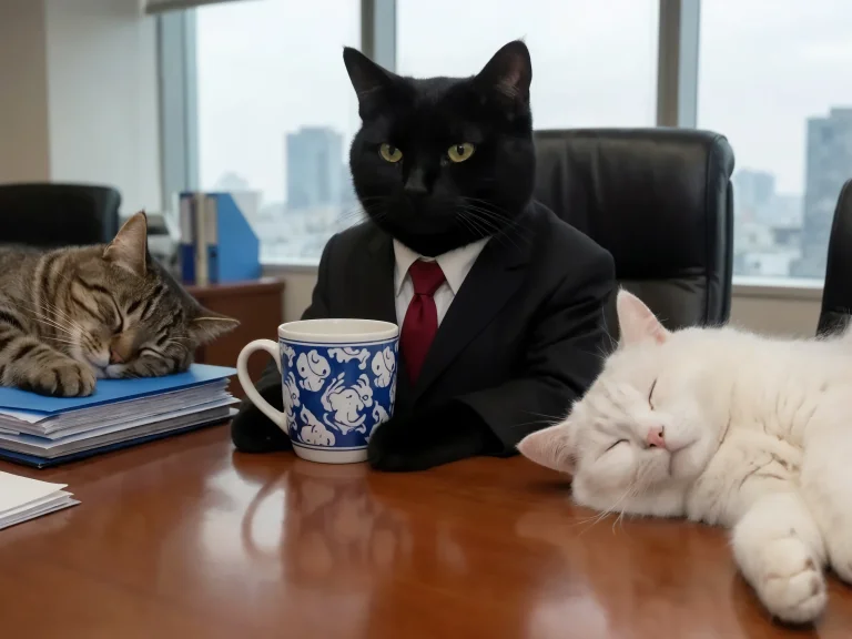 Black Cat In Business Suit Red Tie Sitting At Office Desk Wi...