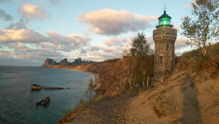 Coastal Landscape At Golden Hour, Weathered Stone Lighthouse...