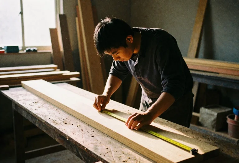 A Carpenter Measuring Timber In A Dusty Workshop, Film Photo...