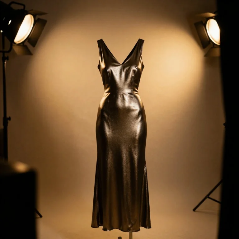 A Metallic Gown Reflecting Studio Spotlights, Warm Ambient G...
