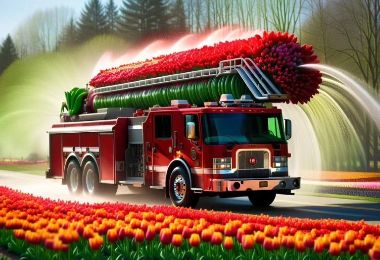 A Giant Red Fire Truck Driving Fast Down A Winding Country R...