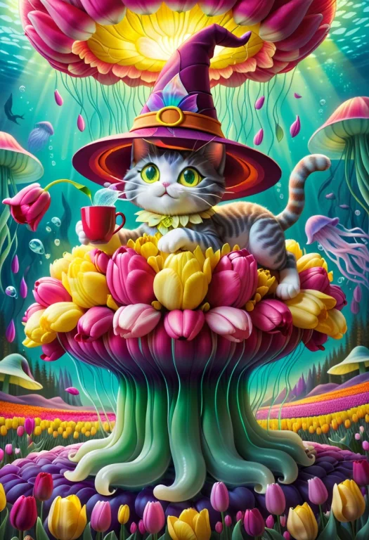 Jaynl-tm, Cute Cat Made Of Tulips, Whimsical, Cartoon, Vibra...