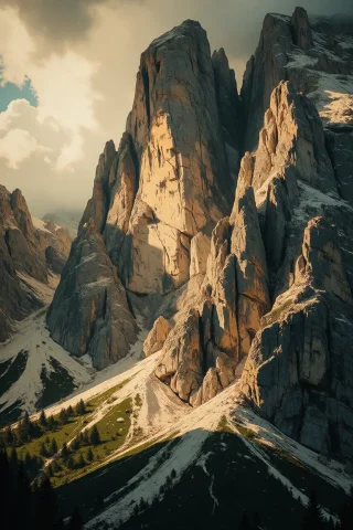Nature, A Dramatic Photorealistic Close-up View Of A Massive... — Stable Diffusion AI Prompt: nature, A dramatic photorealistic close-up view of a massive, jagged mountain ra...
