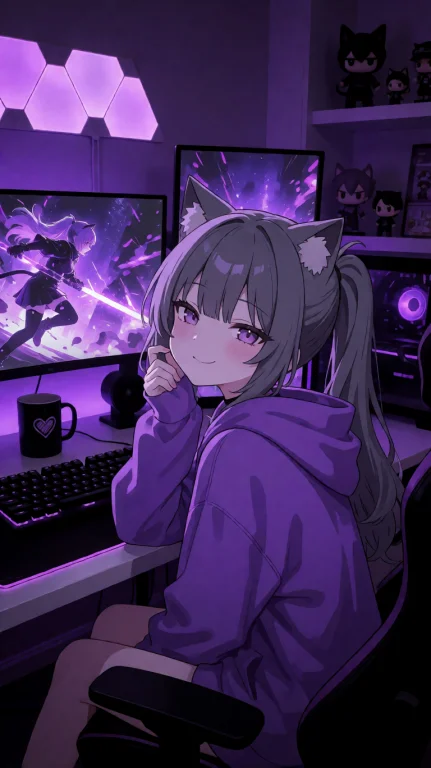 A Young Anime Girl With Gray Hair Tied In A Ponytail And Cat...