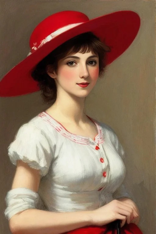 A Woman Wearing A Red And White Hat With A Red And White Des...