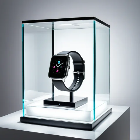 Loratechglasscubev10.80, Techglasscube, A Smartwatch Display... — SDXL AI Prompt: , techglasscube, a smartwatch displayed inside a clear glass cube pedestal, brig...