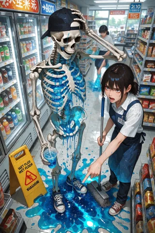 Njsw33t, A Skeleton In A Backwards Baseball Cap And Sneakers... — Stable Diffusion AI Prompt: @NJSW33T, A skeleton in a backwards baseball cap and sneakers stands in a conven...