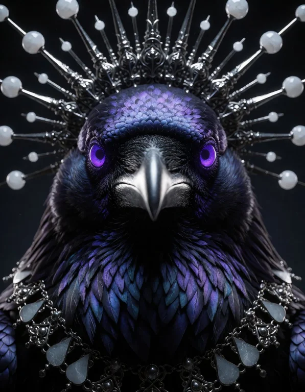 A Cinematic Close-up Of Divinity As A Corvid Deity. A Jet-bl...