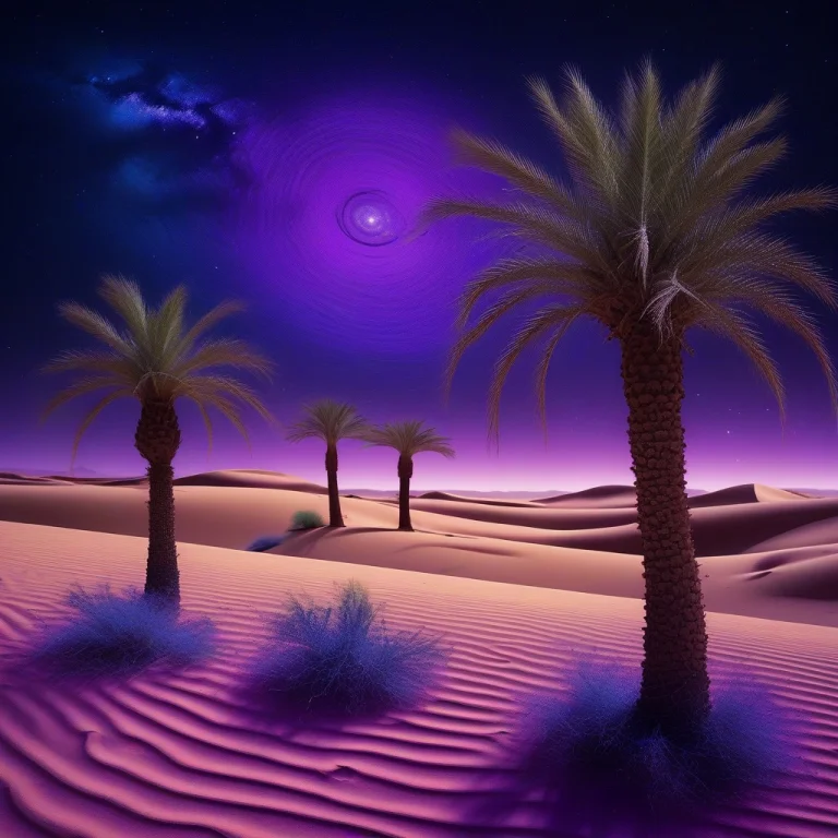 Desert, Cosmic Background With Stars, Purple Palm Tree, Purp...