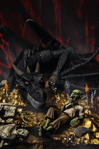 A Colossal Black Dragon Rests Deep Inside A Gigantic Undergr... — Stable Diffusion AI Prompt: A colossal black dragon rests deep inside a gigantic underground cavern filled w...