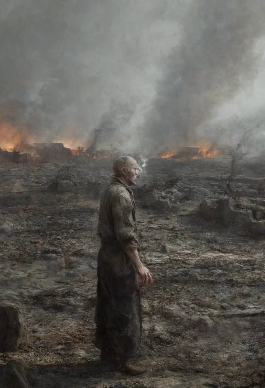 He Stands At The Edge Of The Ruin, Shoulders Heavy, Eyes Hol...