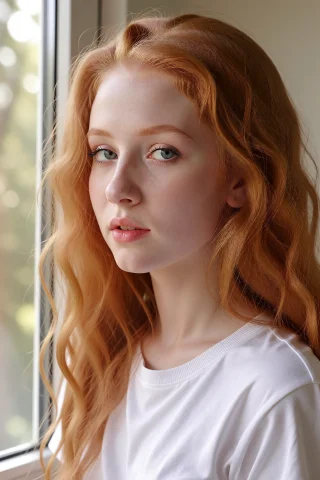 Faye, Strawberry-copper Hair, Fair Skin, Wearing A White T-s... — Stable Diffusion AI Prompt: Faye, strawberry-copper hair, fair skin, wearing a white t-shirt, standing by a...
