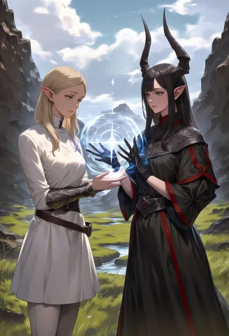 Tsurunj This Digital Fantasy Artwork Depicts Two Female Elve... — Stable Diffusion AI Prompt: tsuru_nj This digital fantasy artwork depicts two female elves standing in a roc...