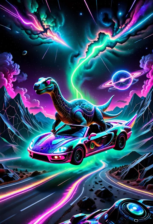 A Vibrant Cosmic Digital Illustration Of A Cool Brachiosauru...