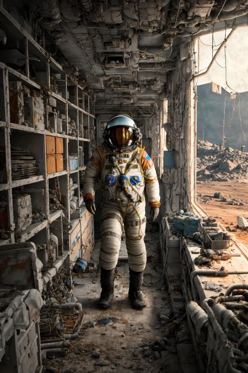 Russian Cosmonaut Exploring A Dystopian Wasteland, Intricate...