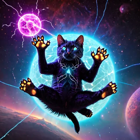 A Gigantic Cosmic Cat Floating In Deep Space, Casually Holdi... — SDXL AI Prompt: A gigantic cosmic cat floating in deep space, casually holding a tiny Earth-like...