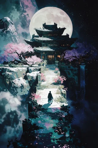 Ancientwuxiatemplefloatingbetweenrealms, Onesidesnowymountai... — Stable Diffusion AI Prompt: ancient_wuxia_temple_floating_between_realms, one_side_snowy_mountains, one_side...