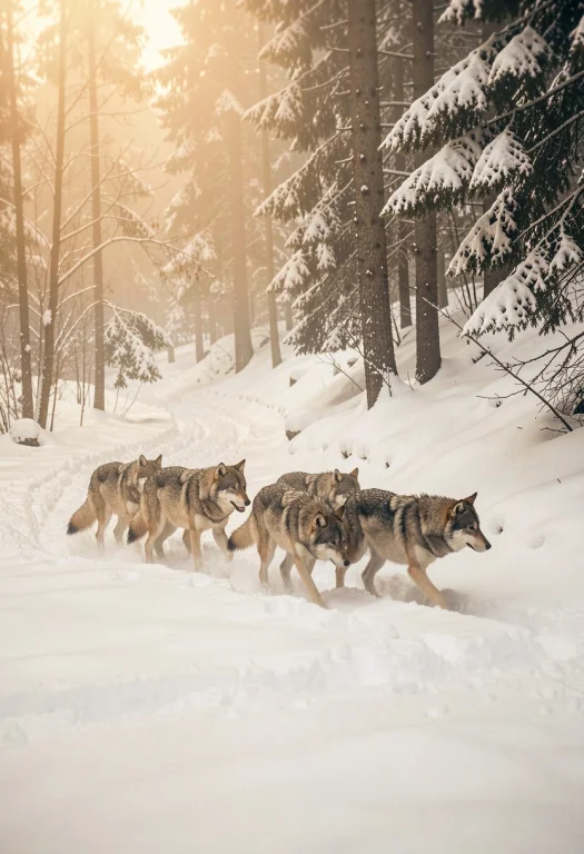 A Wolf Pack Crossing A Snow-laden Forest, Candid Photograph,...