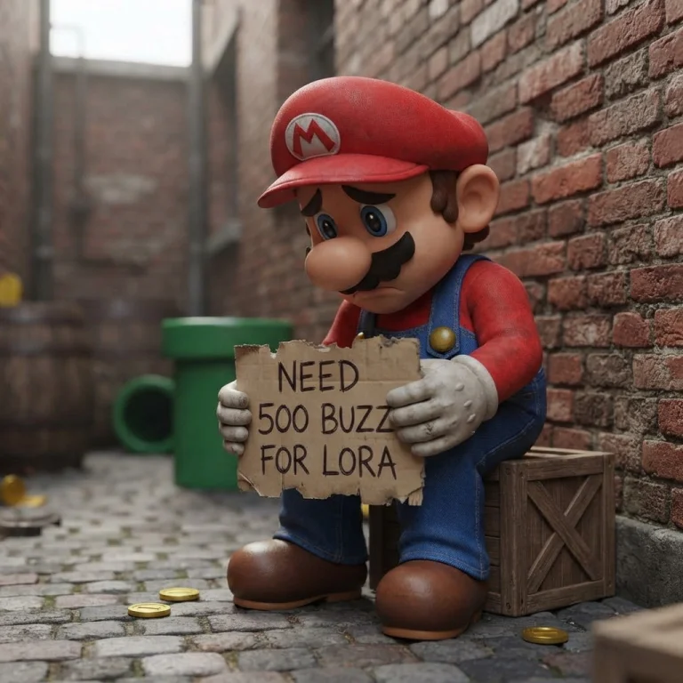 Mario Sad With A Sign That Says Need 500 Buzz For Lora
