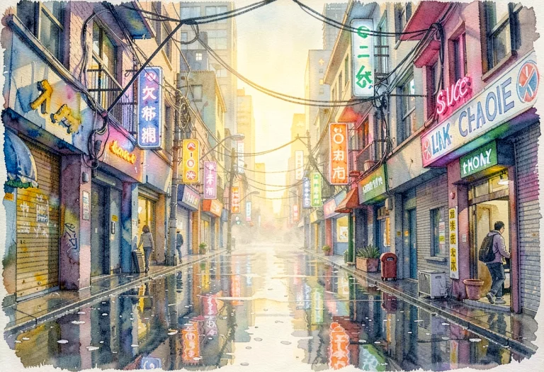 A Rain-slick Neon Alley In A Dense Metropolis, Watercolor Pa...