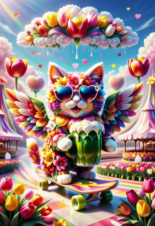 A Tulips Magical Tulip Cat Made Of Tulips, Wearing Sunglasse...