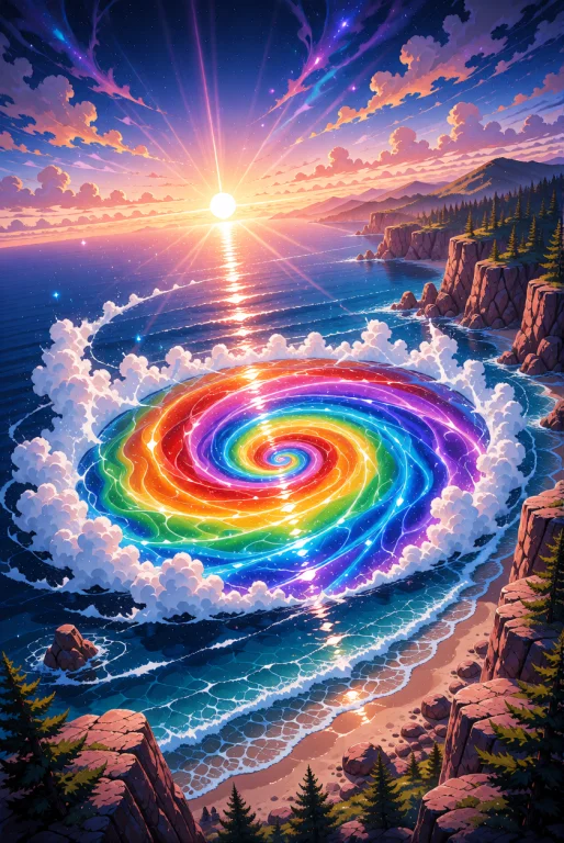 A Surreal Coastal Landscape Featuring A Massive, Swirling Ra...