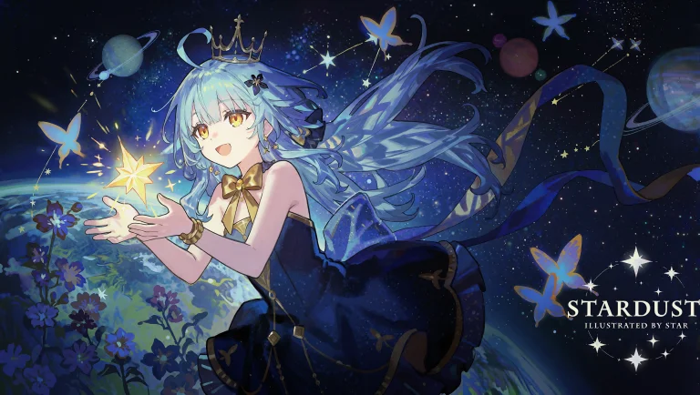 A Girl With Long Light Blue Hair And Golden Eyes Floats In D...