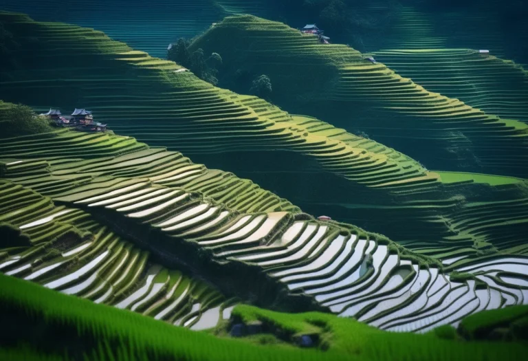 Terraced Rice Paddies Stepping Down A Hillside, Portrait Pho...