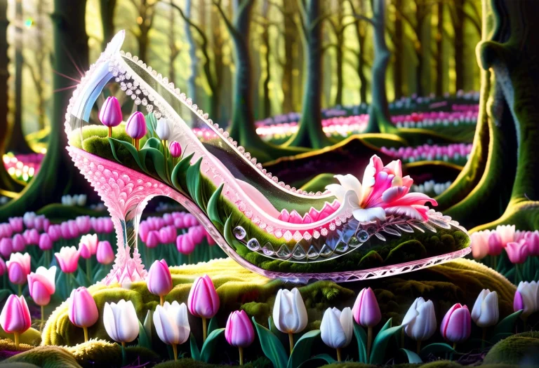 A Giant Crystal Glass Slipper Resting On Mossy Grass In An E...