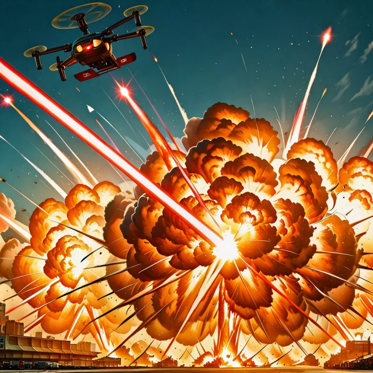 Sky, Quadcopter Shooting A Red Laser Beam Down, Laser Beam F...