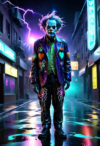 A Cinematic, Detailed Shot Of A Melancholic Clown Standing I... — SDXL AI Prompt: A cinematic, detailed shot of a melancholic clown standing in a dark, wet city a...