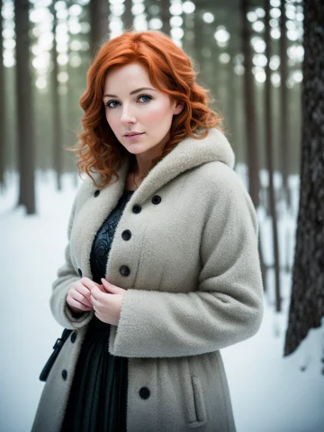 Foxie European Mature Woman, Ginger Hair, Winter Forest, Nat... — Stable Diffusion AI Prompt: foxie european mature woman, ginger hair, winter forest, natural skin texture, 2...