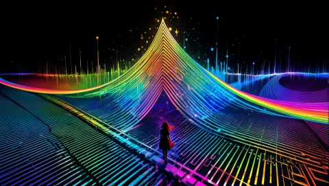 1girl, Standing Within A Giant 3d Audio Waveform Structure,... — Stable Diffusion AI Prompt: 1girl, standing within a giant 3D audio waveform structure, surrealism, abstract...
