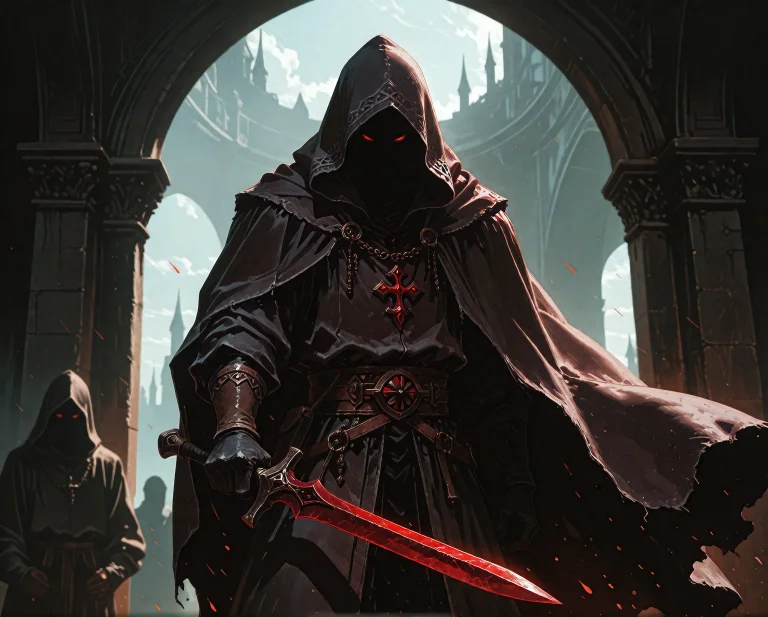 A Shadowy Cultist With A Hood Up, Dagger In Hand, Flowing Ca...