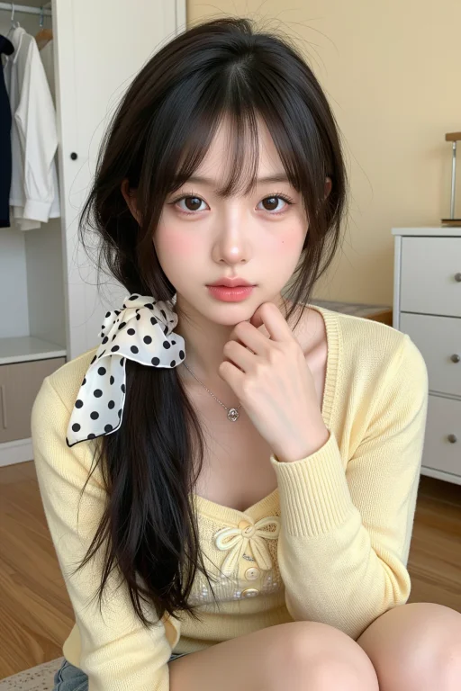 超写实室内真人自拍，年轻甜妹感东亚少女，柔顺乌黑中分黑长直长...