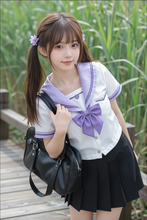 户外日系JK少女写真，年轻东亚甜妹，棕色侧马尾，马尾侧边编发搭...