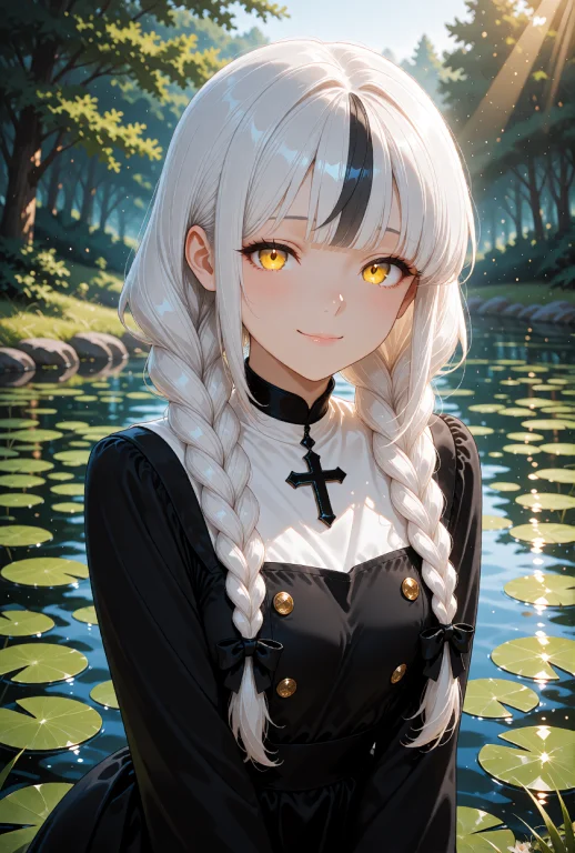 A Young Woman With Long, Silver-white Hair Styled In Two Thi...