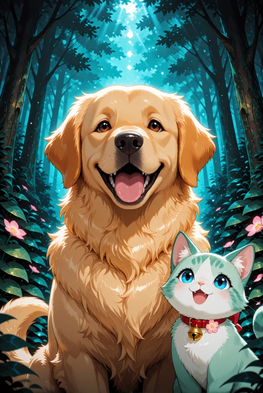 A Golden Retriever Dog And A Small Cat. The Golden Retriever...