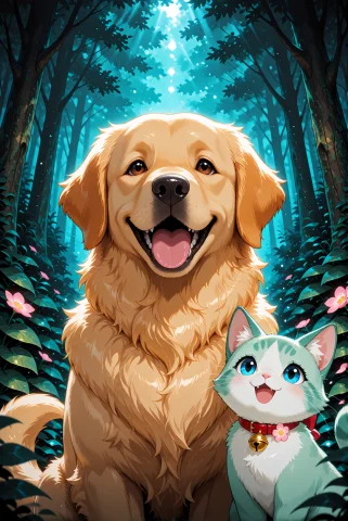 A Golden Retriever Dog And A Small Cat. The Golden Retriever... — Stable Diffusion AI Prompt: A golden retriever dog and a small cat. The golden retriever has thick, golden-y...