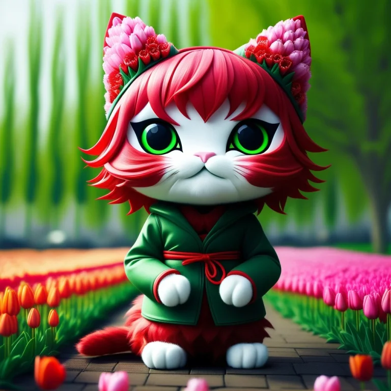 A 3d Chibi Anime Red Hair Cat Girl Wear Tulips Ninja Dresses...