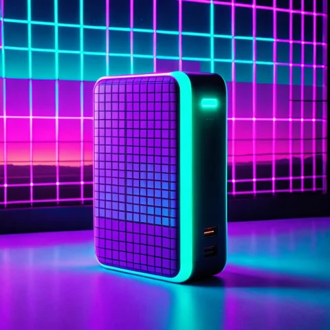 Loratechneongridv10.80, Techneongrid, A Portable Power Bank... — SDXL AI Prompt: , techneongrid, a portable power bank in front of a retro neon grid horizon back...