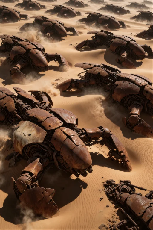 A Wide Desert Shot Of Dozens Of Colossal Rusted Mechanical C...
