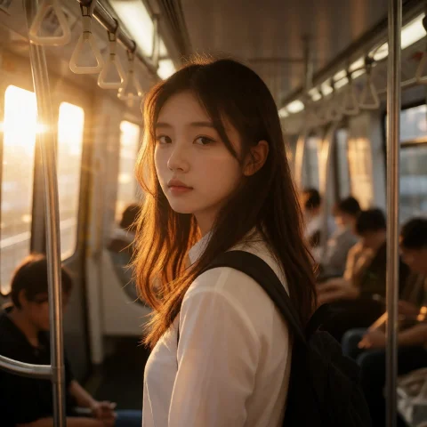 Photorealistic Cinematic Photography East Asian Beauty Sub... — Stable Diffusion AI Prompt: 一張極度自然、唯美而充滿電影故事感的成年東亞女性捷運車廂人像攝影作品，整體融合 P...
