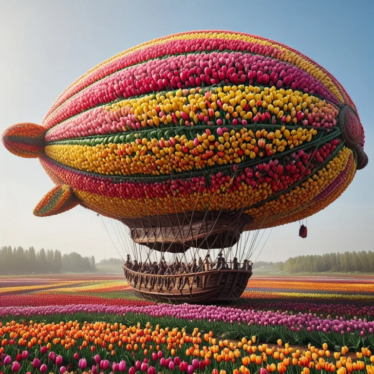 A Majestic Steampunk Airship Composed Entirely Of Vibrant Tu...