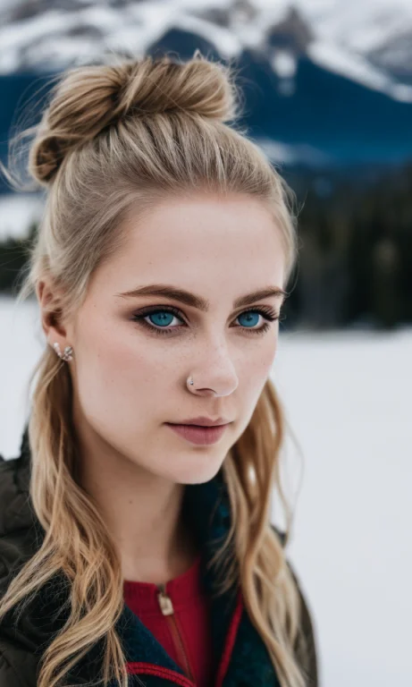 Close Up Of Swedish Woman, Centered, Messy Bun, Blue Eyes, P...